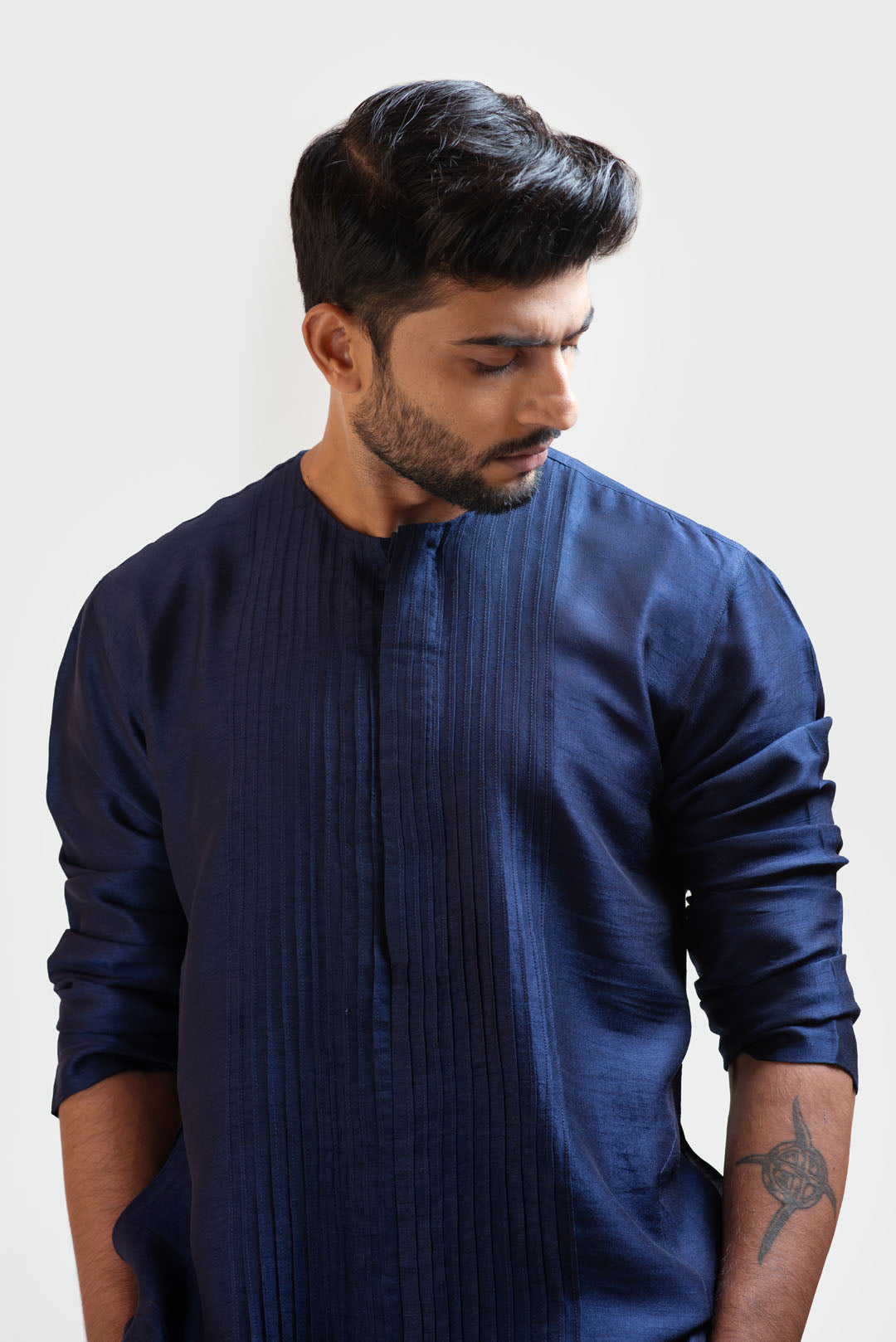 Navy Blue Front Open Silk Kurta Set