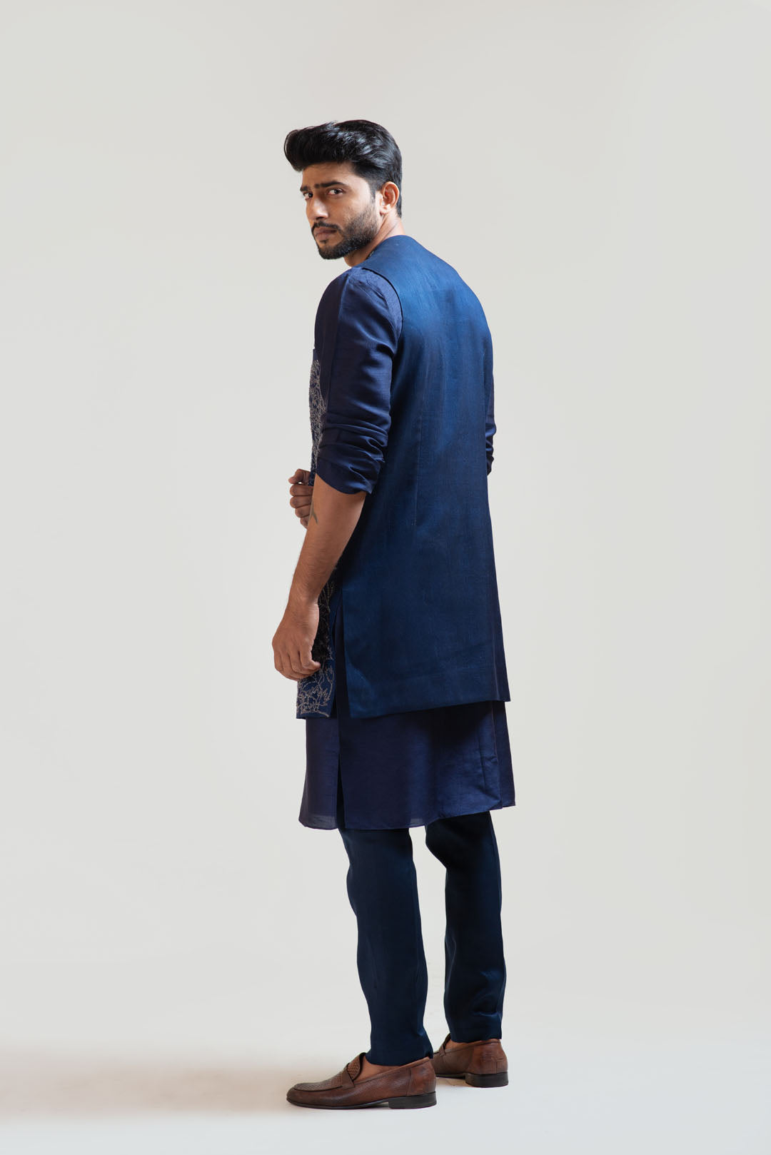 Navy Blue Embroidered Long Jacket