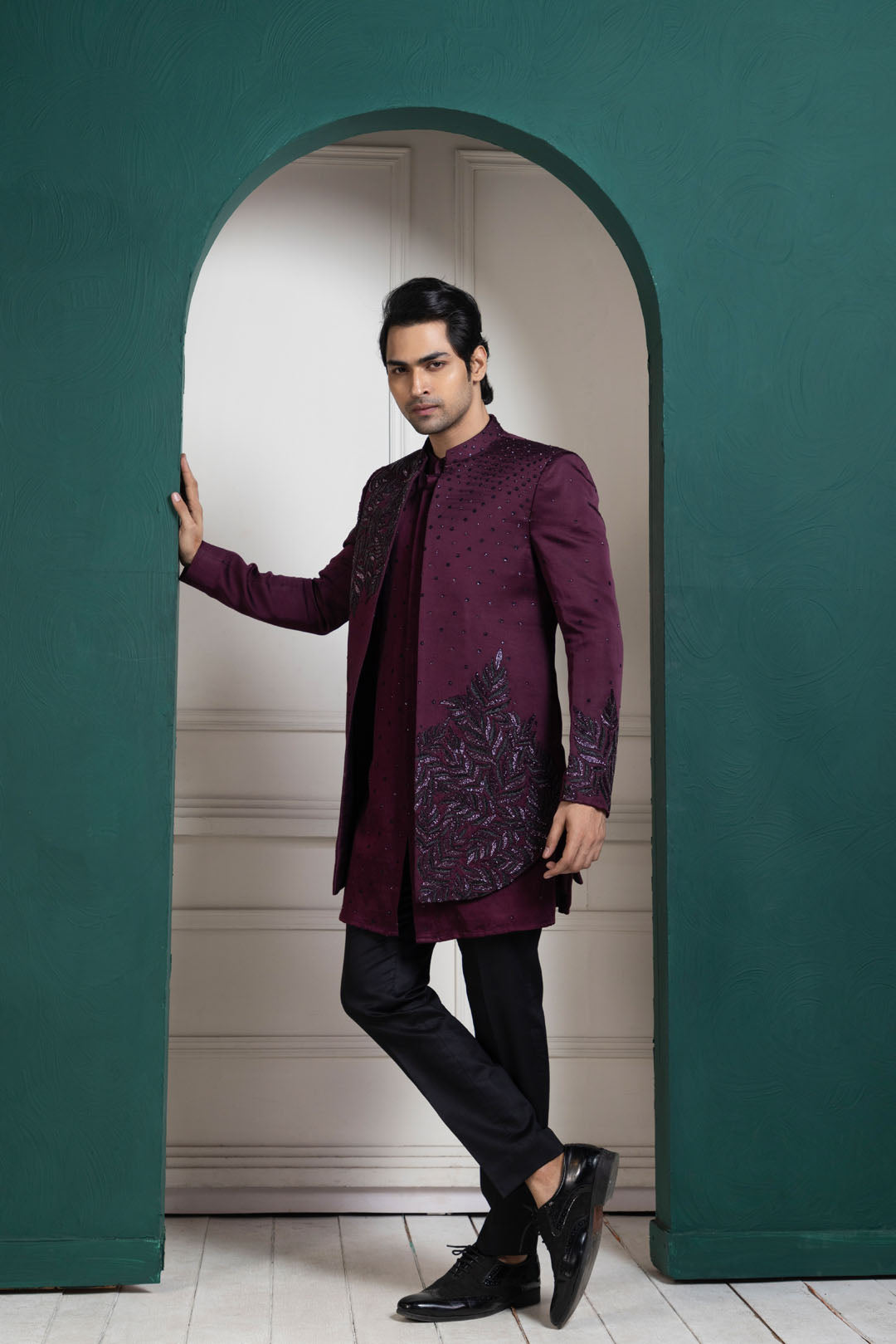 Plum Asymmetric Embroidered Bandhgala