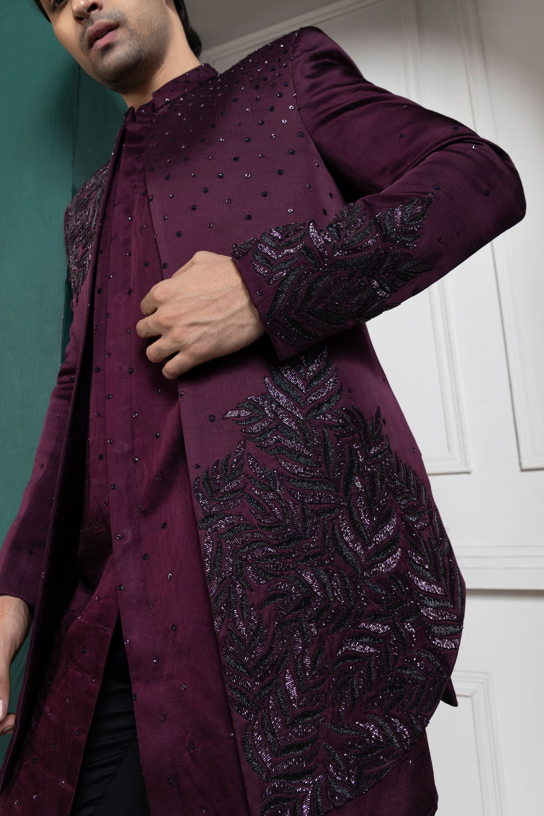 Plum Asymmetric Embroidered Bandhgala