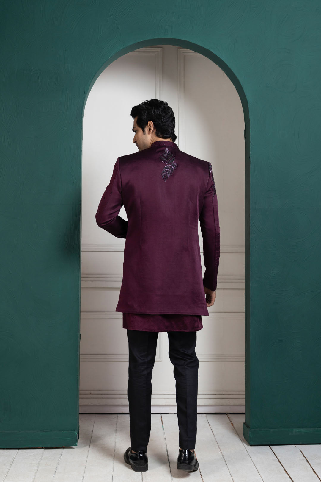 Plum Asymmetric Embroidered Bandhgala