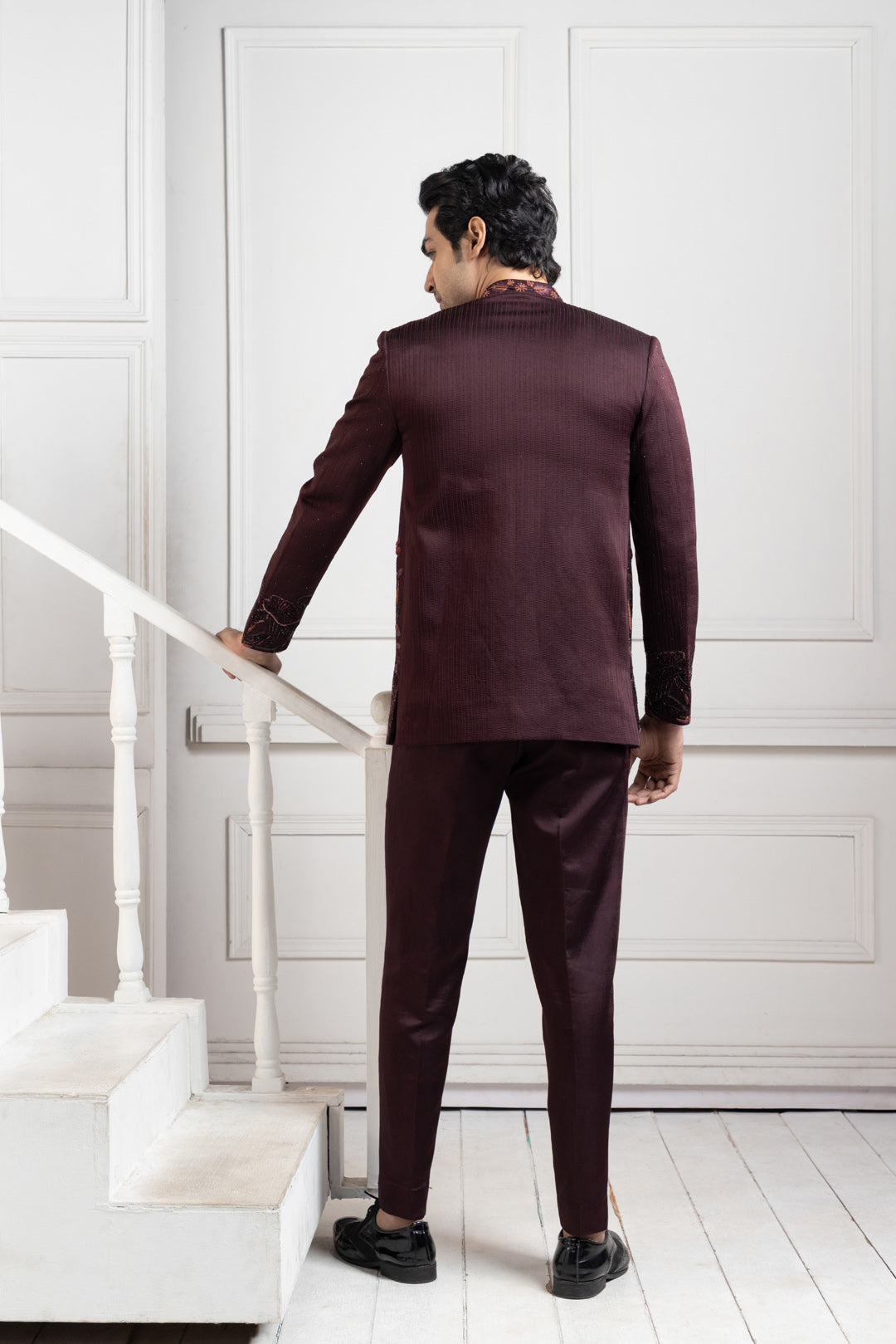 Embroidered Wine Bandhgala Set