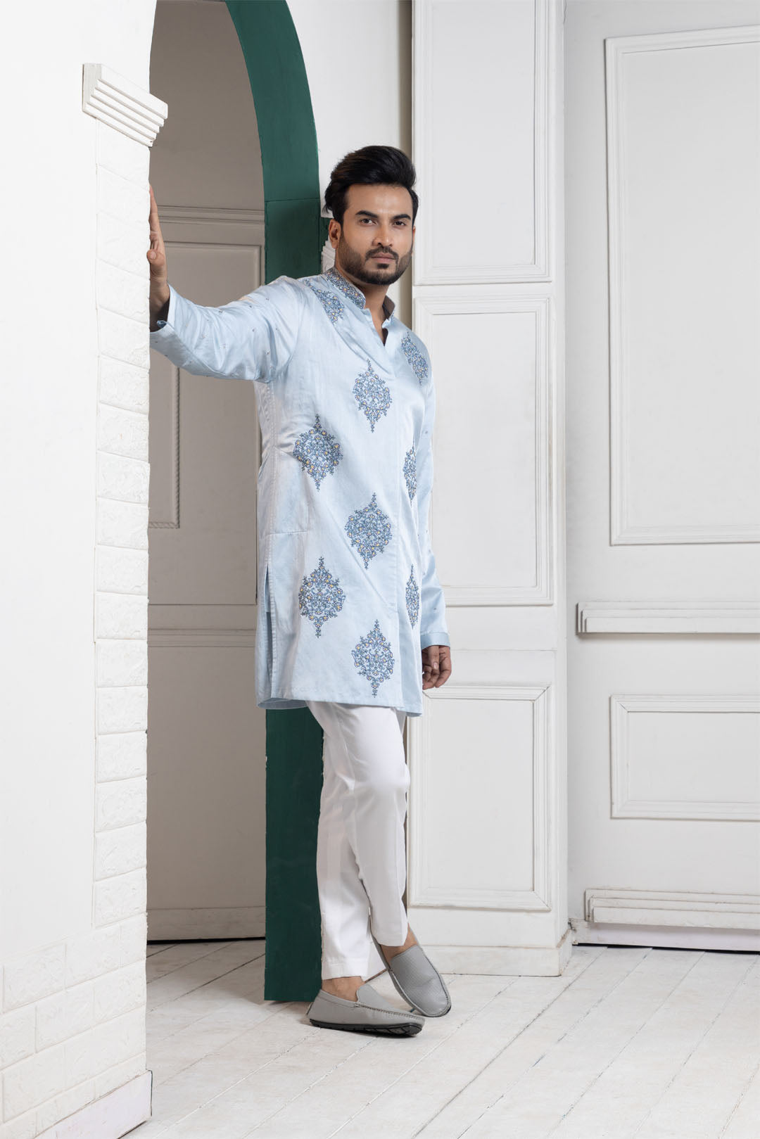 Regal Sky Blue Embroidered Mens Kurta Set