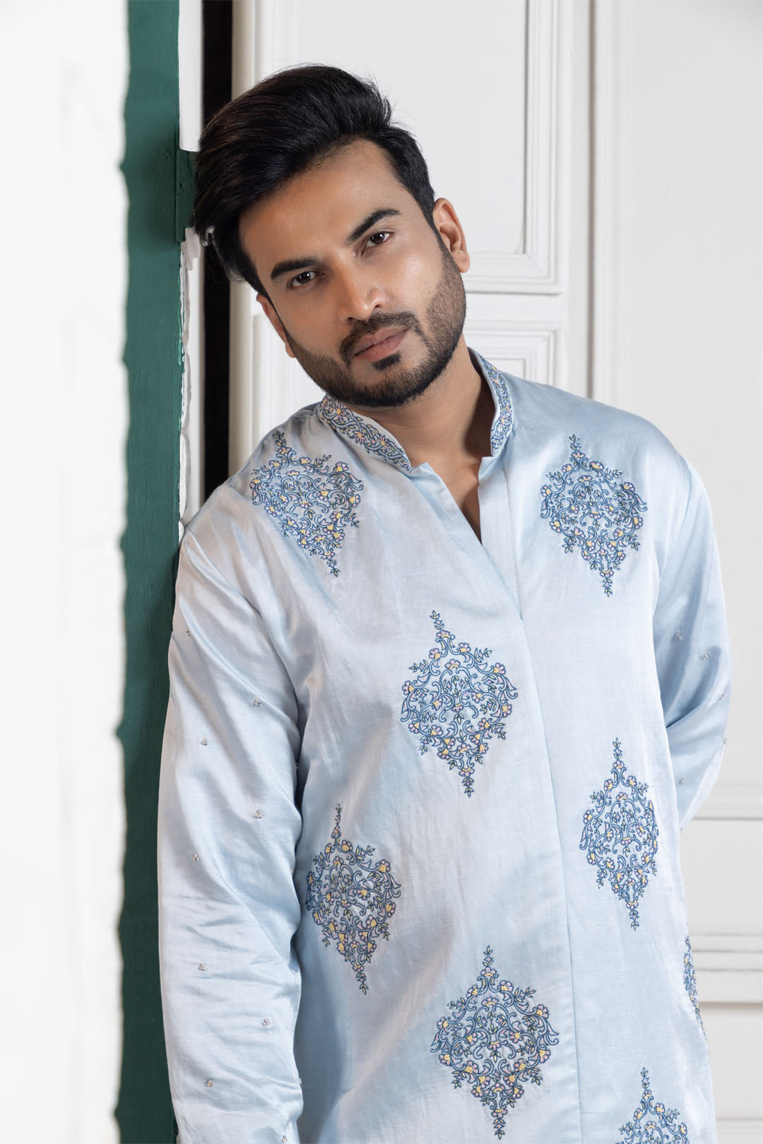 Regal Sky Blue Embroidered Mens Kurta Set