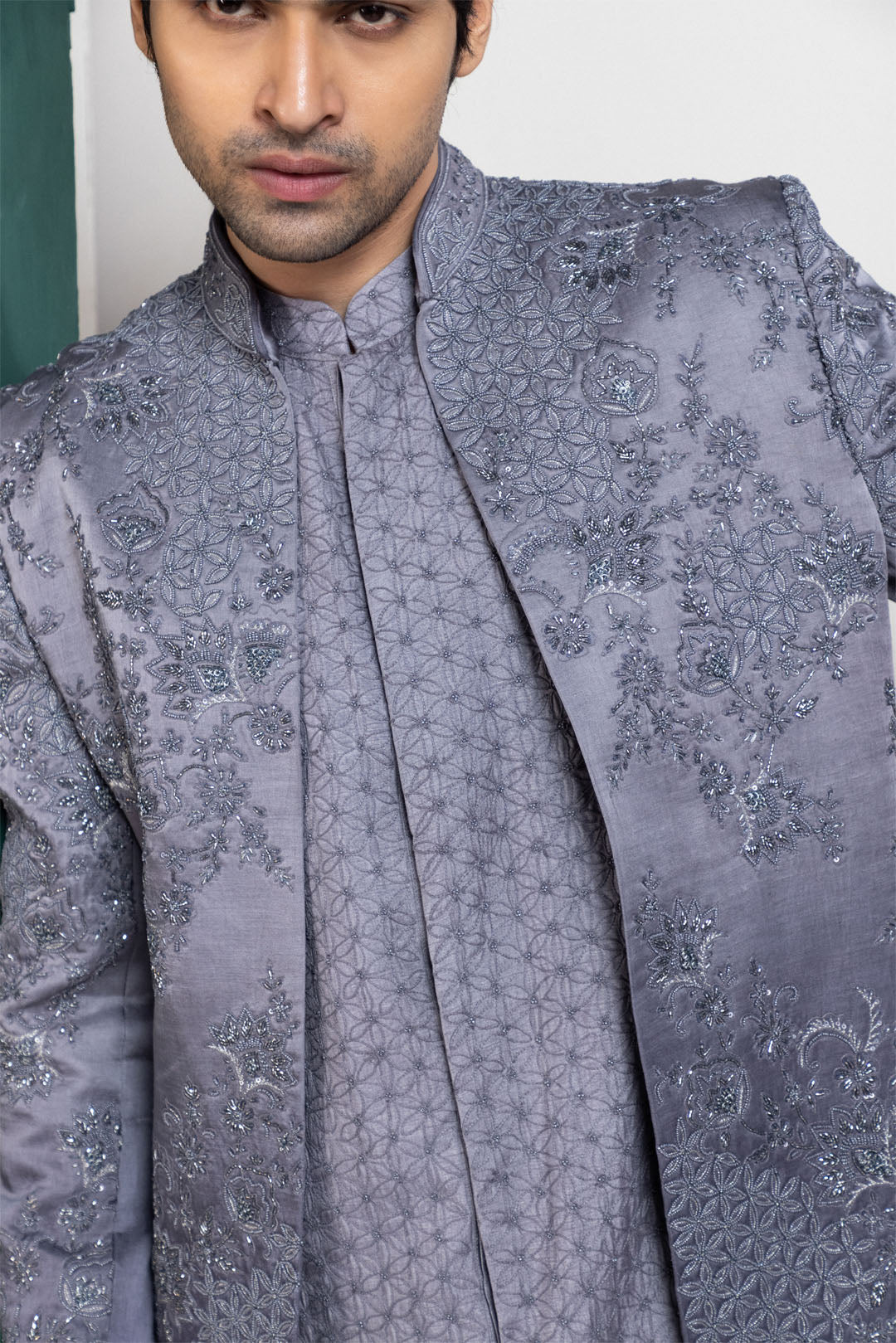 Silver Intricate Embroidered Sherwani and Kurta Set