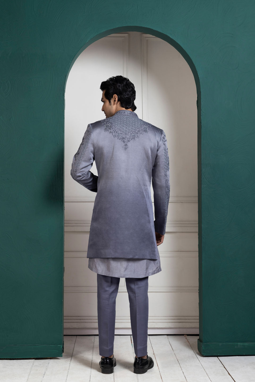 Silver Intricate Embroidered Sherwani and Kurta Set
