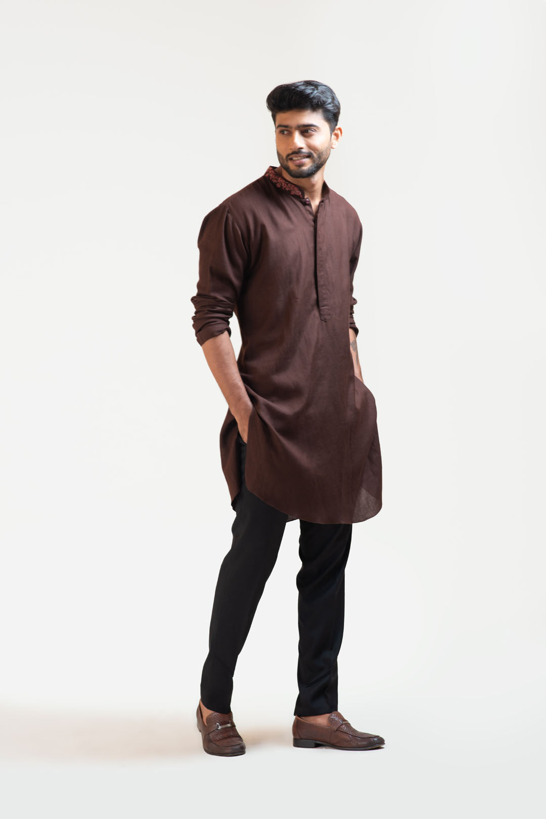 Brown Embroidered Khadi Kurta Set