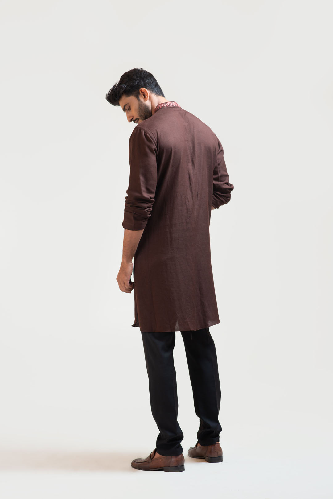 Brown Embroidered Khadi Kurta Set
