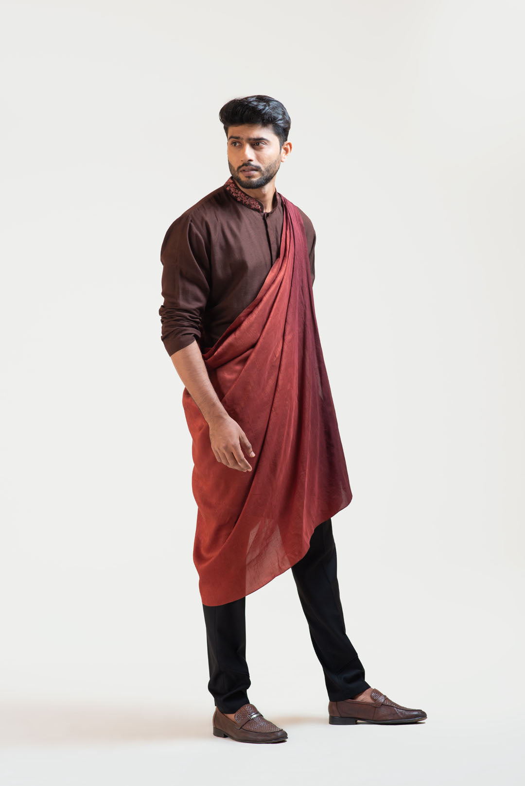 Brown Embroidered Khadi Kurta Set with a Detachable Ombre Draped Stole
