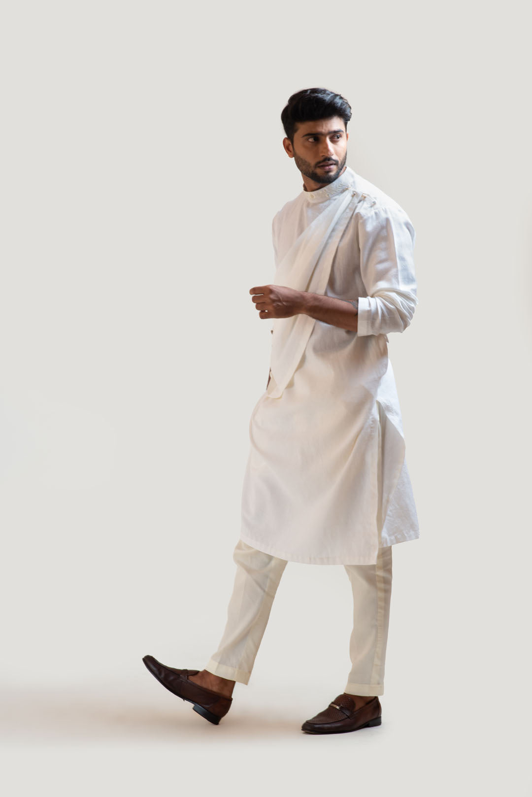Ivory Draped Kurta Set with an Embroidered Neckline