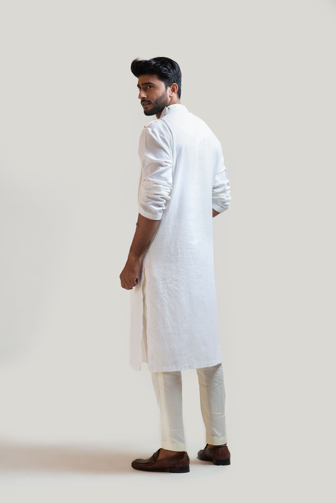 Ivory Draped Kurta Set with an Embroidered Neckline