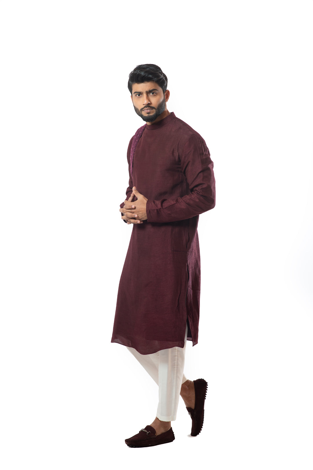 Wine thread knot embroidered side collar kurta set