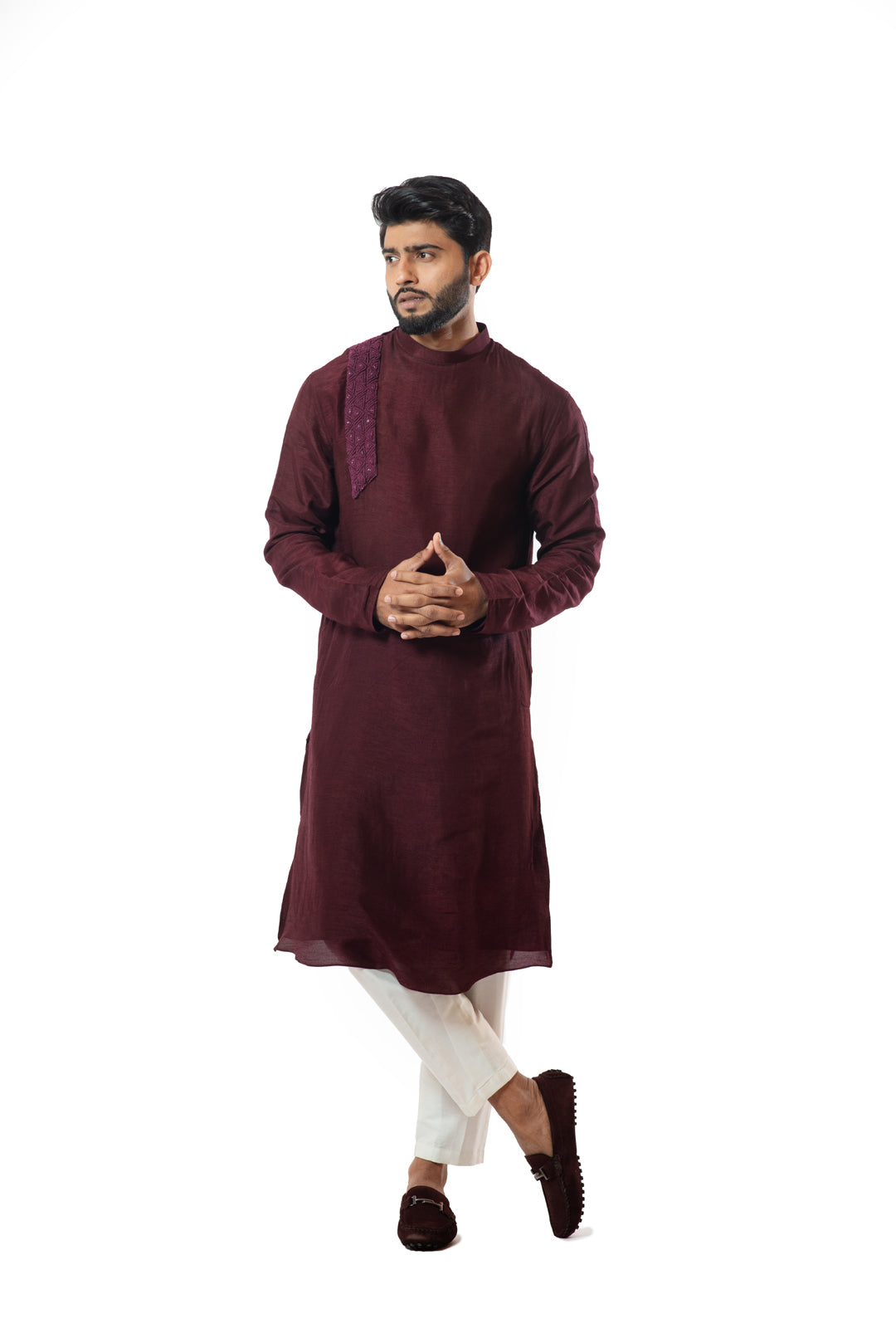 Wine thread knot embroidered side collar kurta set