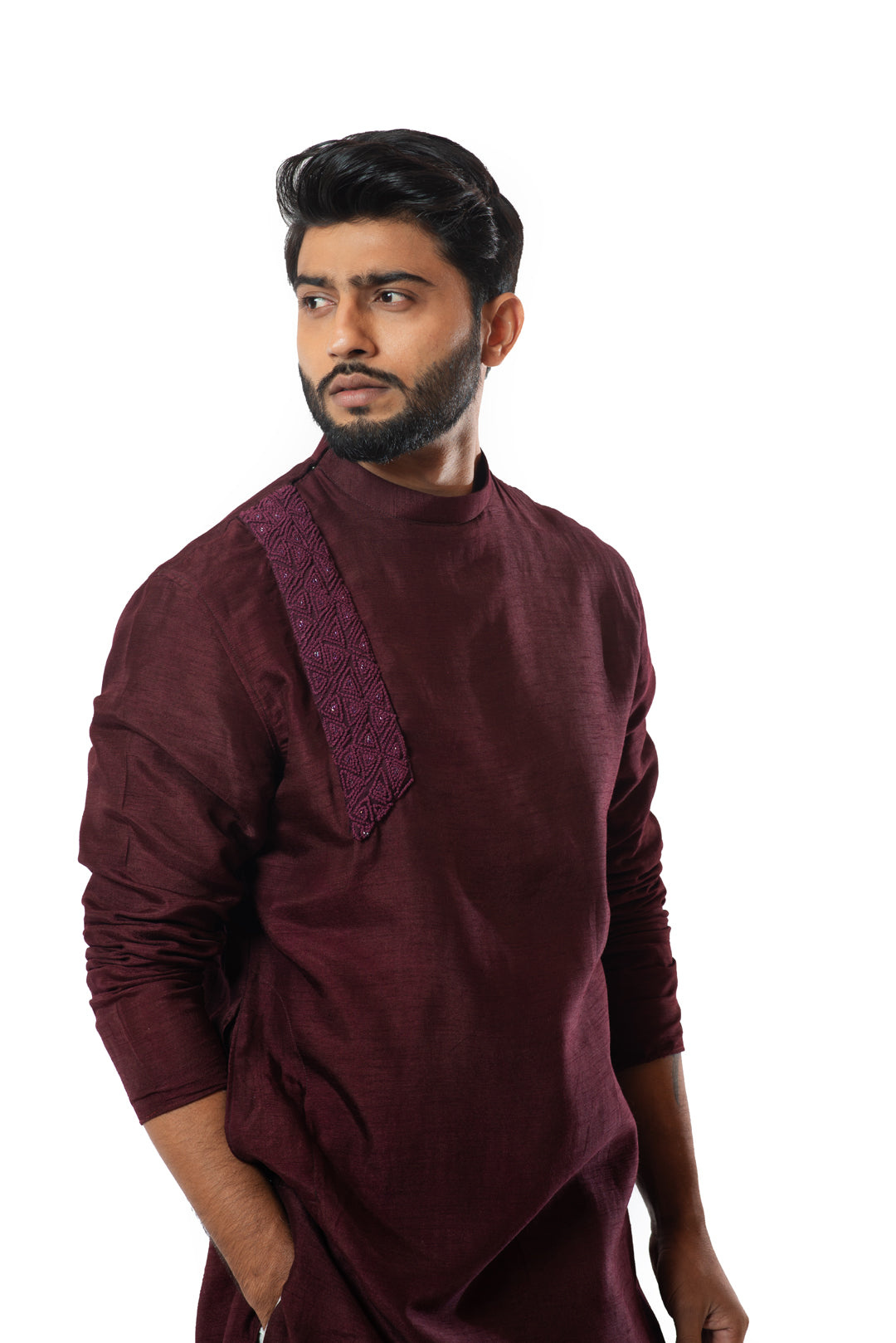 Wine thread knot embroidered side collar kurta set