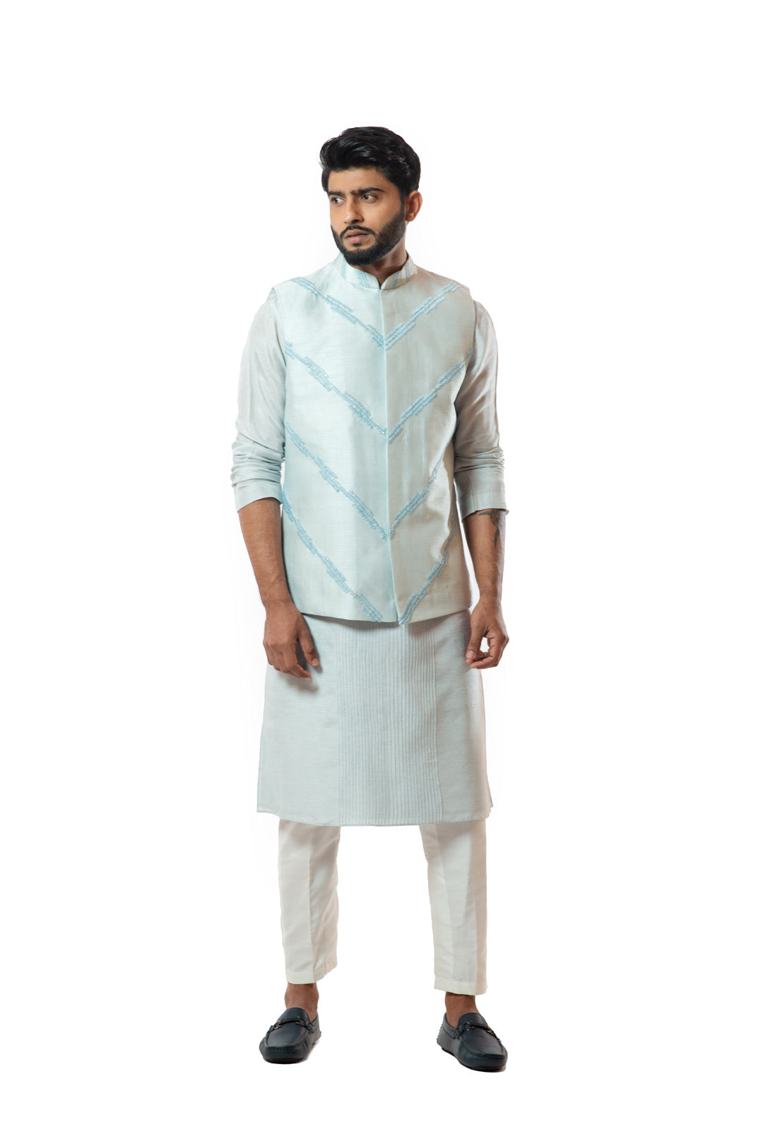 Ice blue embellished nehru jacket