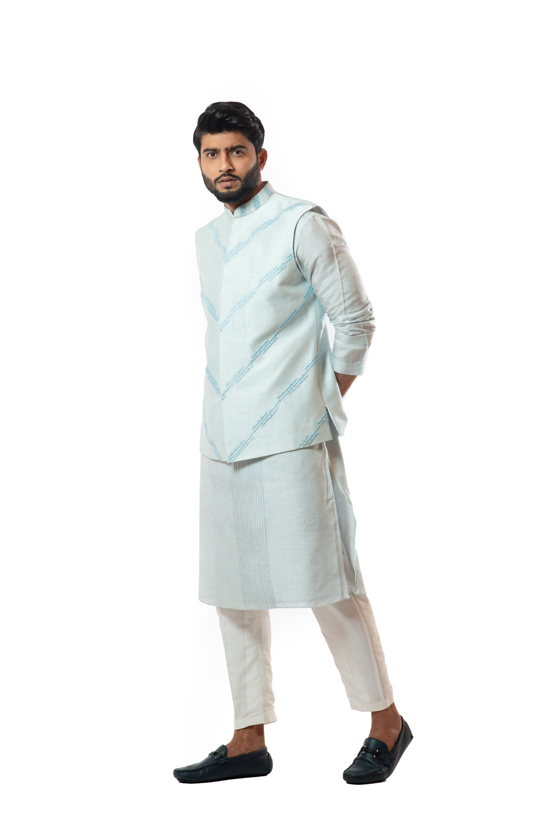 Ice blue embellished nehru jacket