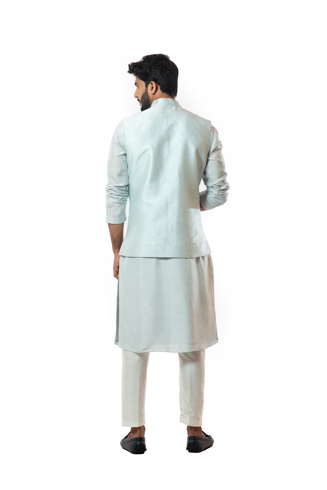 Ice blue embellished nehru jacket