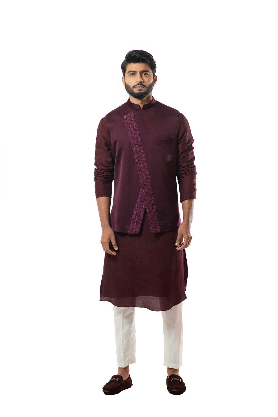Embroiderd wine nehru jacket kurta set