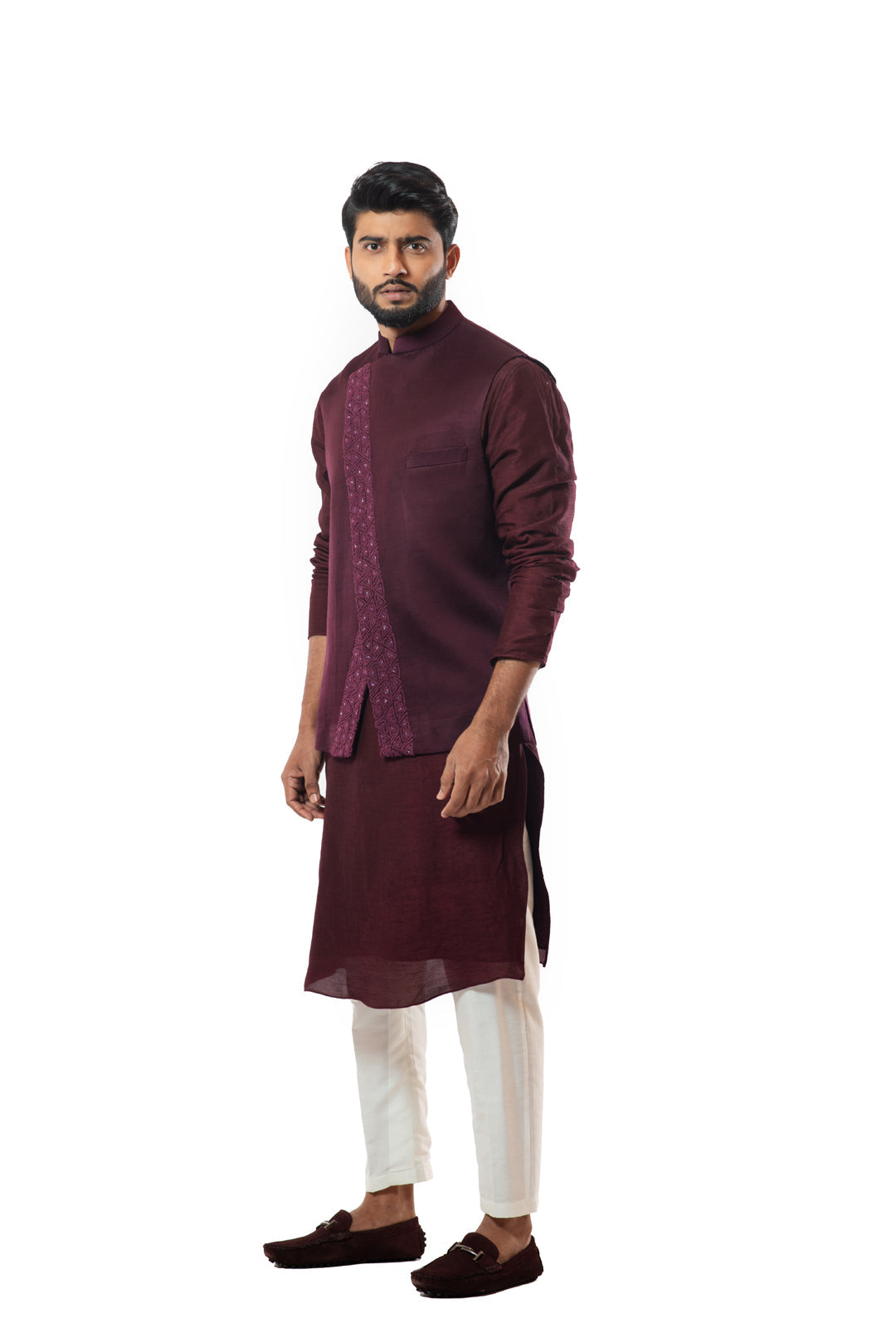 Embroiderd wine nehru jacket kurta set