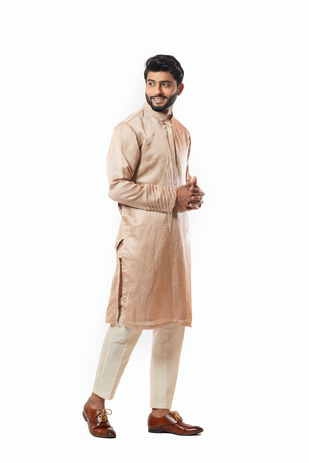 Powder pink cord sleeve straight kurta set