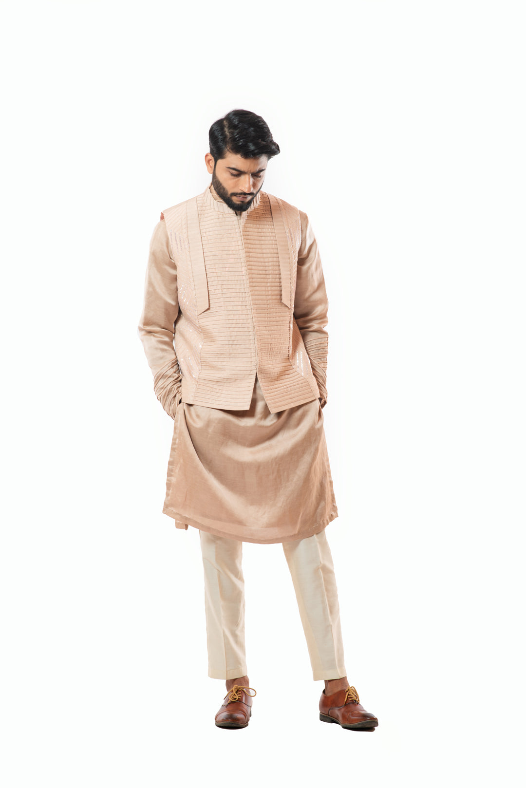Powder pink embroidered and cording Nehru jacket and kurta set