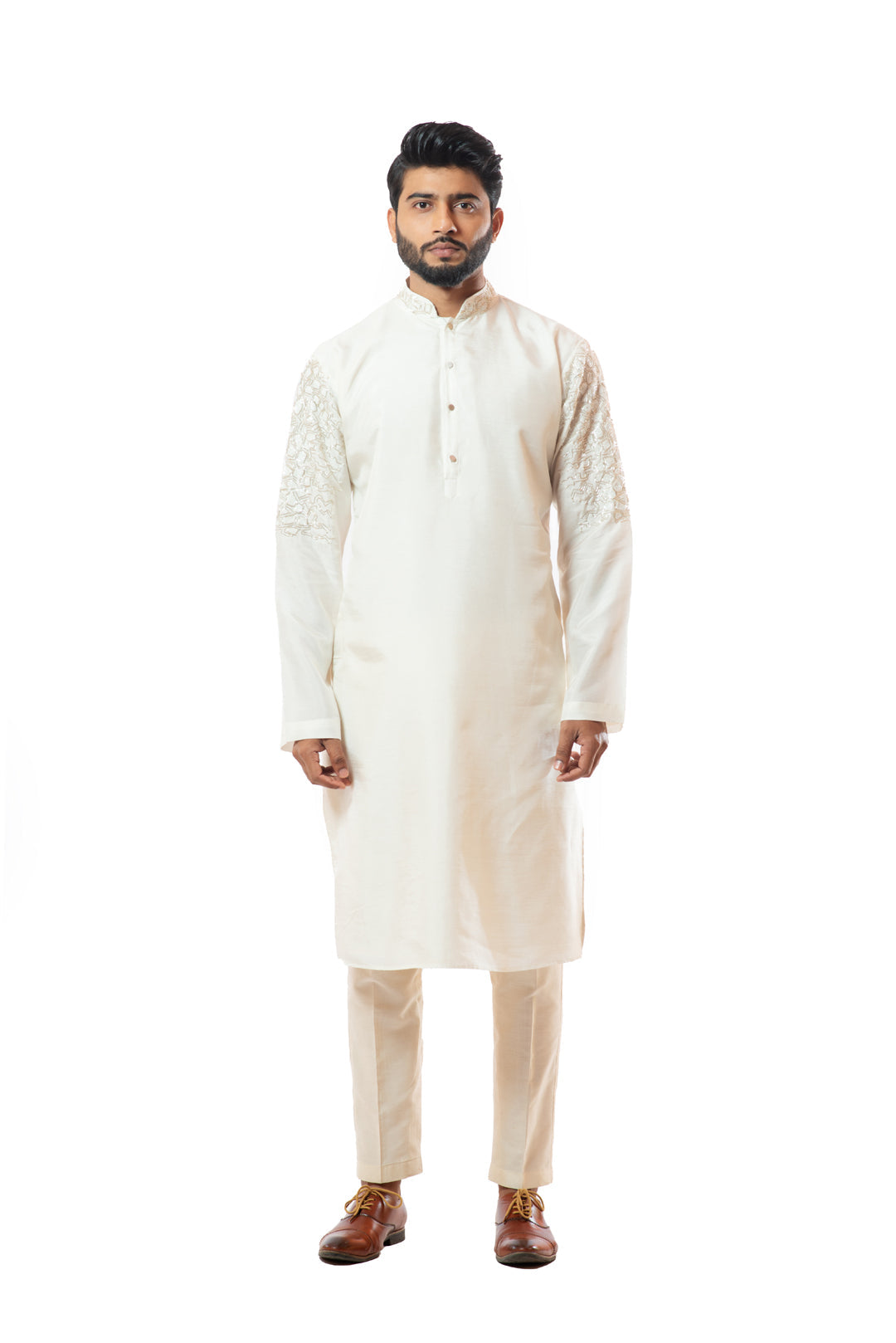 Ivory straight kurta set with abstract embroidery