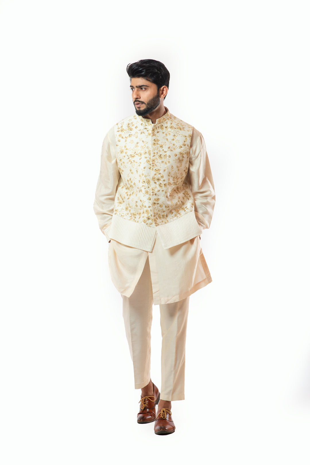 Soft Cream Nehru jacket and kurta set with hand embroidery.