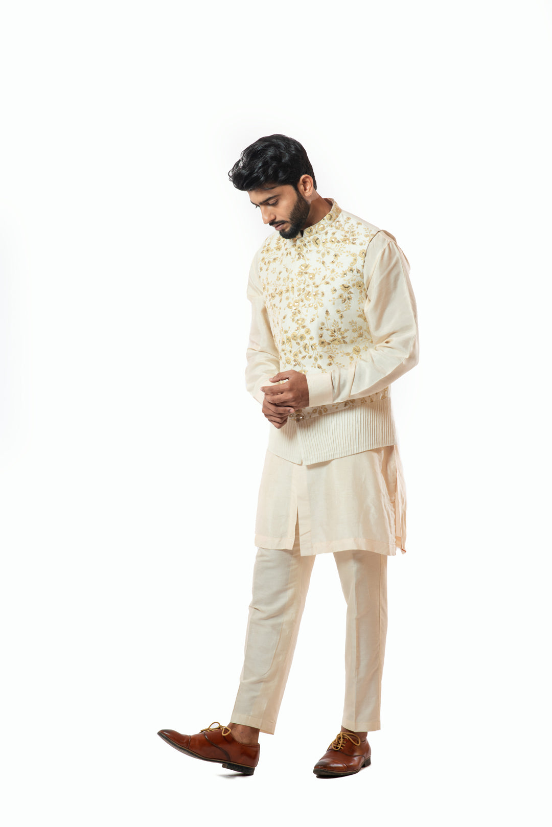Soft cream front open short Kurta set