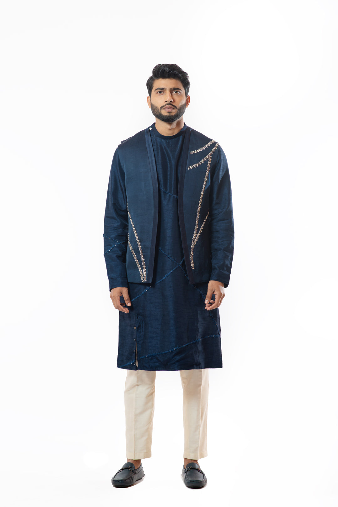 Embroidered navy blue Nehru jacket