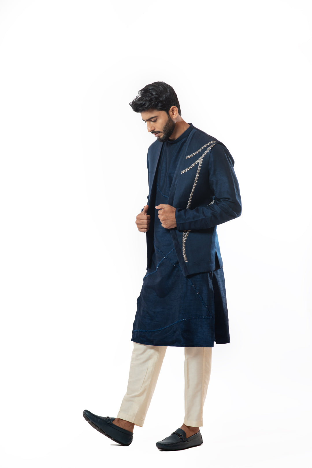 Embroidered navy blue Nehru jacket kurta set