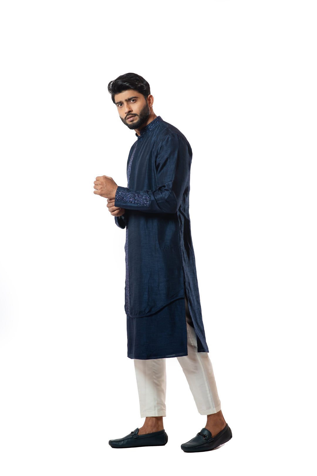 Navvy blue embellished double layer kurta set