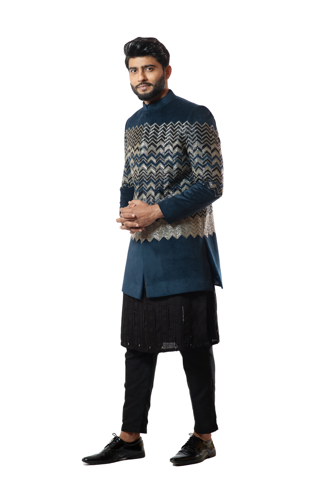 Deep blue velvet heavily embroidered bandhgala