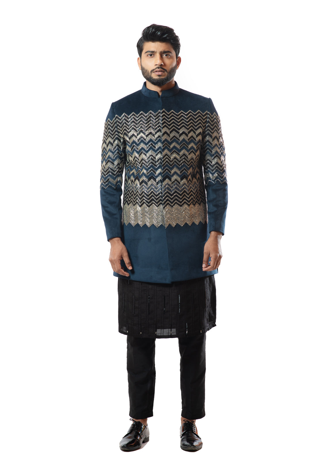 Deep blue heavy embroidered Bandhgala with blak kurta set