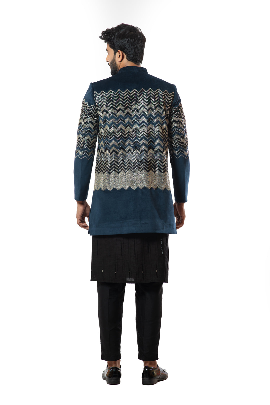 Deep blue velvet heavily embroidered bandhgala