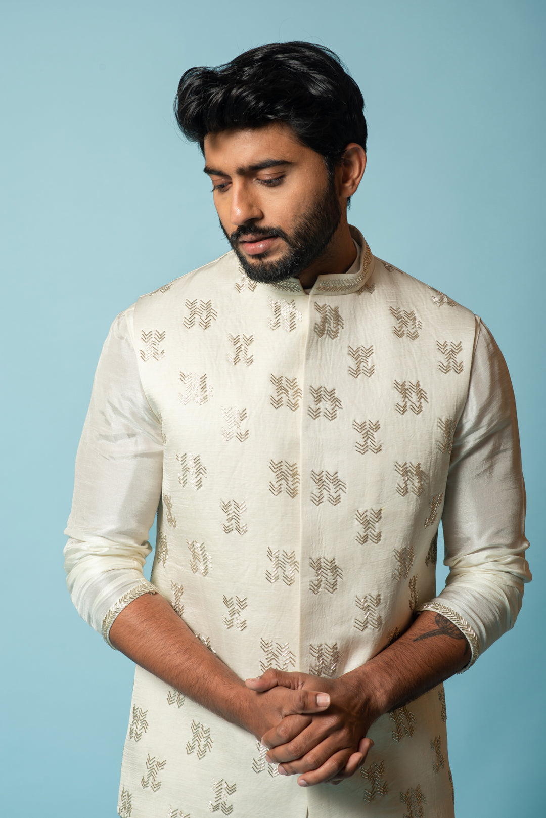 Ivory nehru and kurta set with embroidery