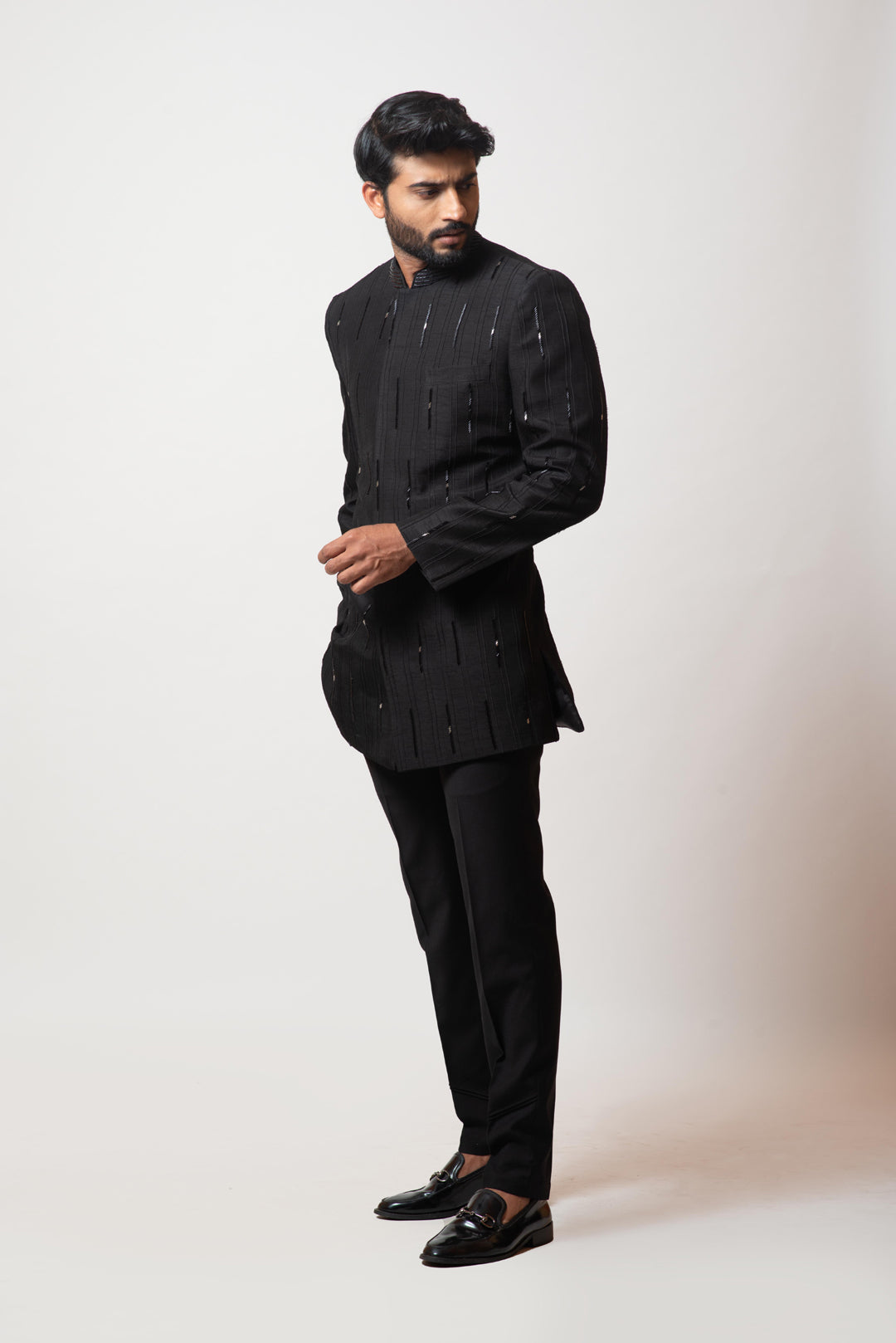 Black pintuck embellished bandhgala set