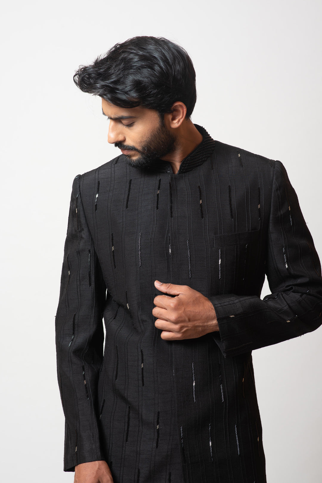 Black pintuck embellished bandhgala set