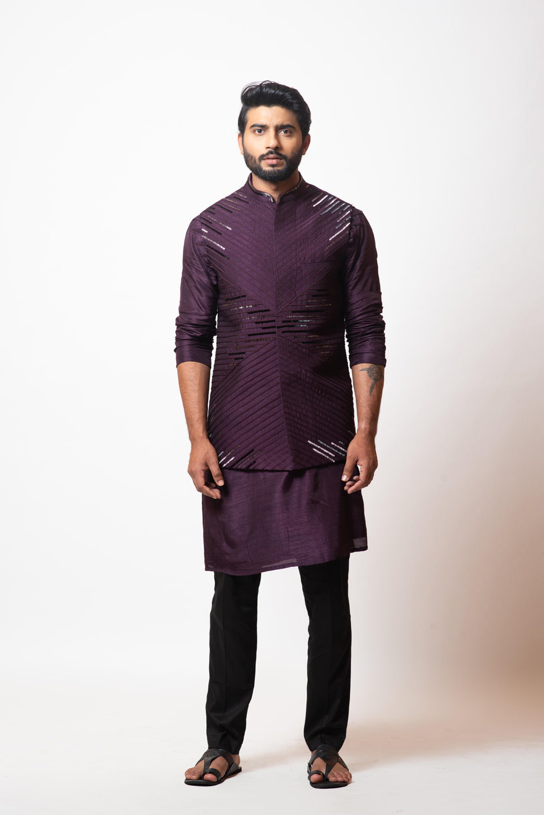 Plum embroidered kurta and nehru set