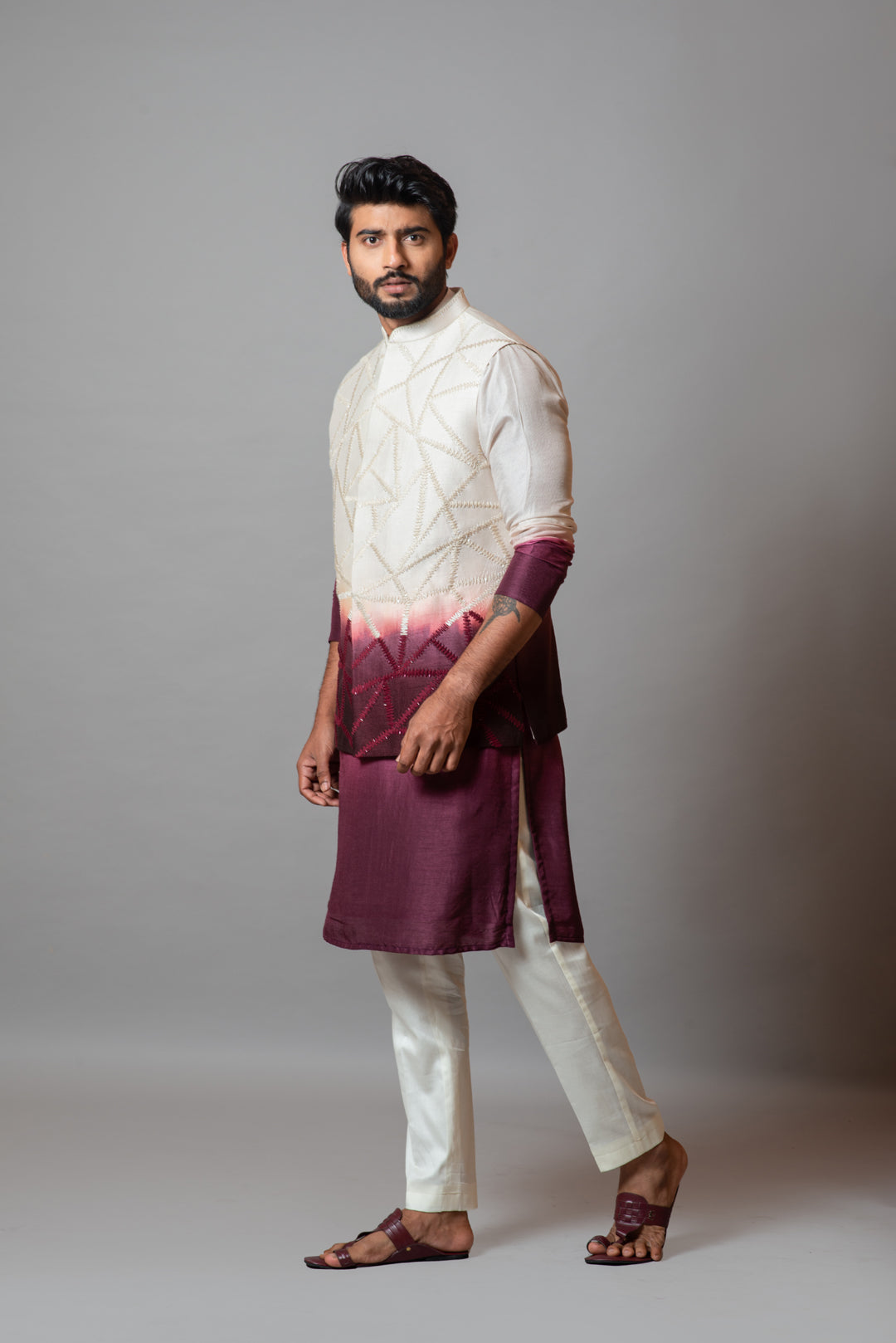 Ivory and wine embroidered nehru and kurta set