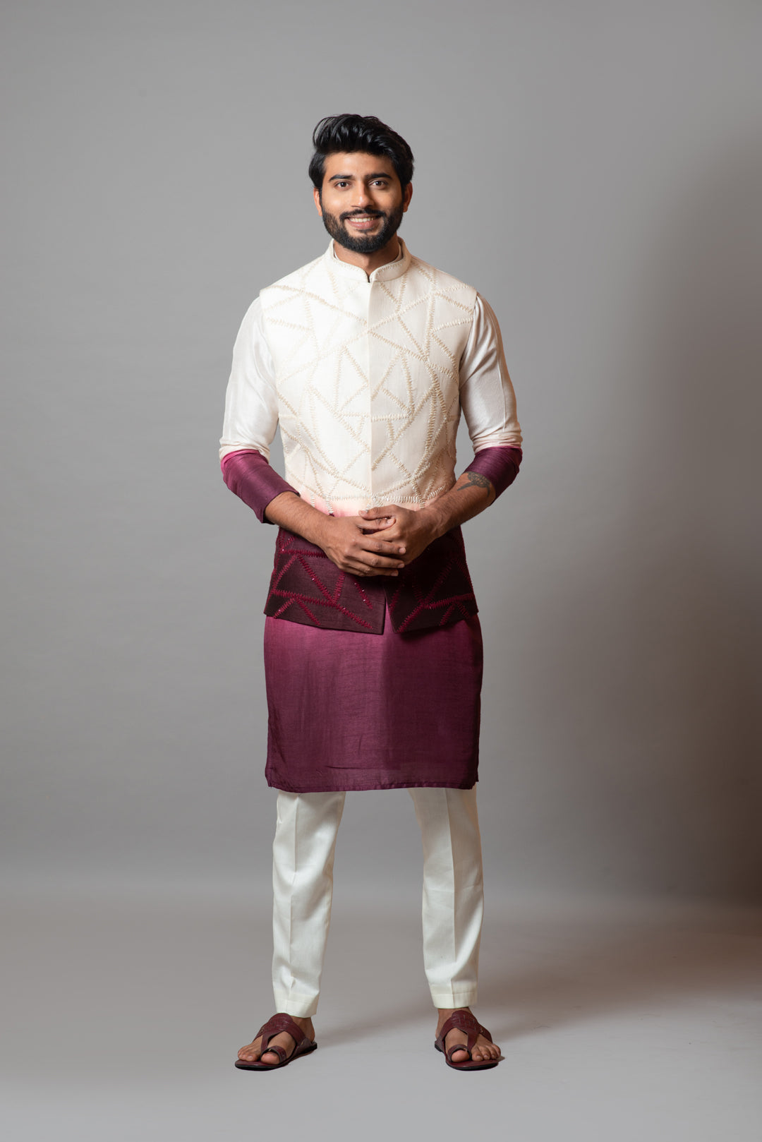 Ivory and wine ombre embroidered nehru jacket