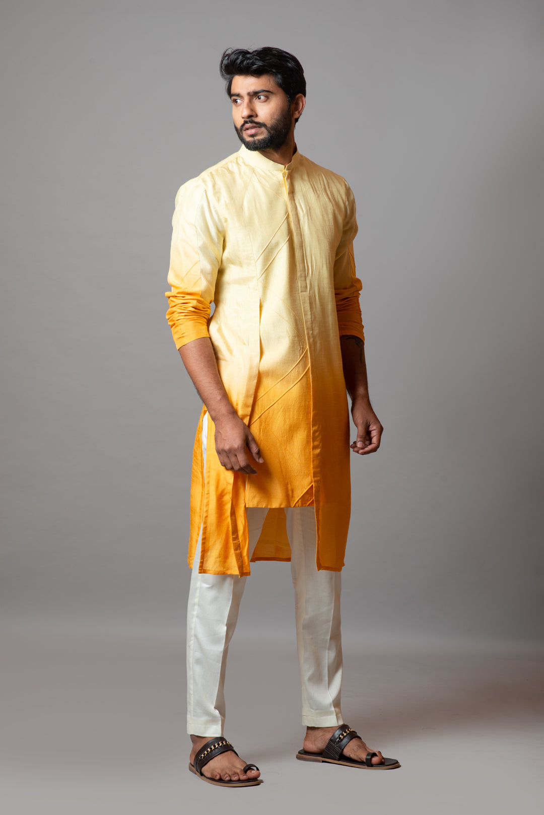 Beige yellow ombre asymmetric kurta set