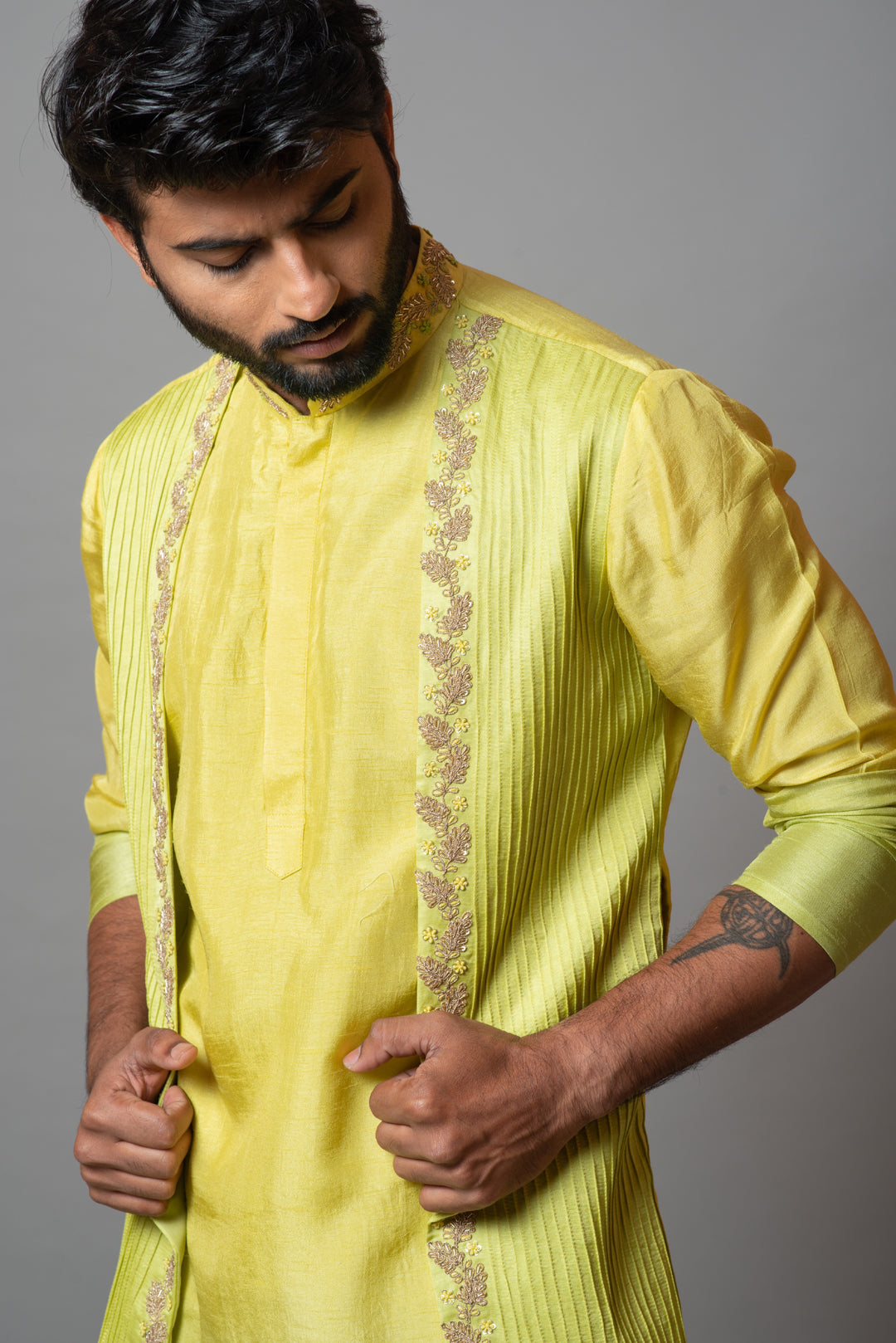 Yellow lime ombre embroidered kurta set