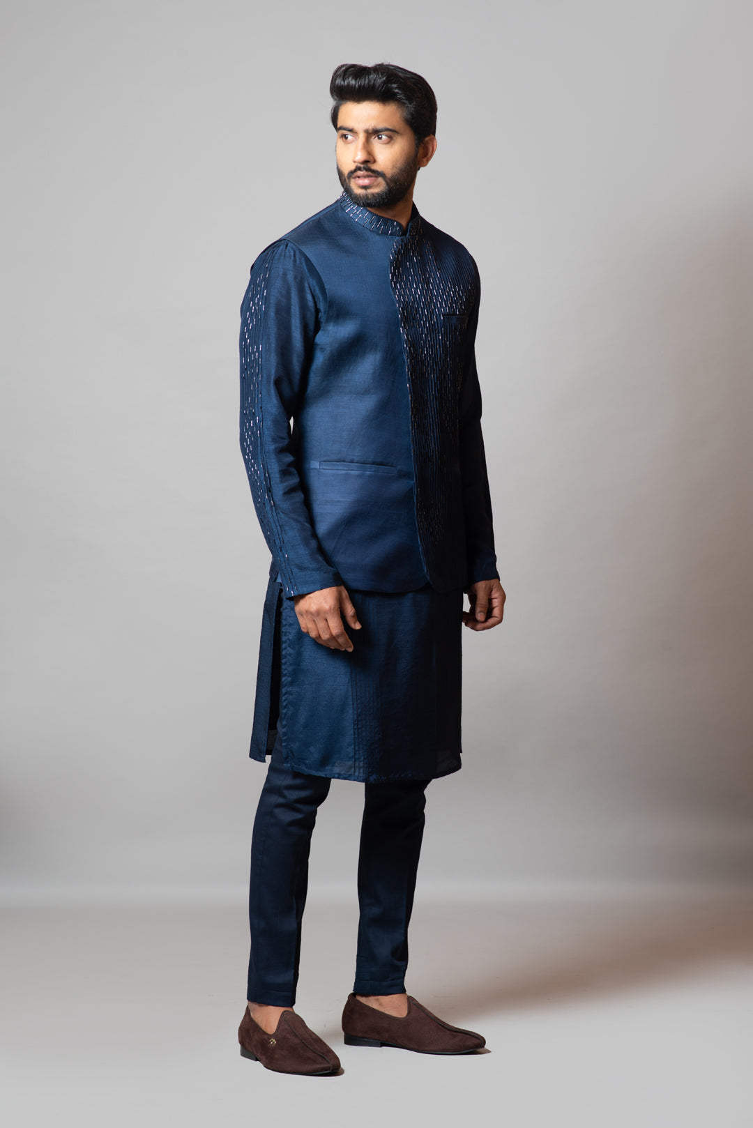 Navy blue pintucks nehru and kurta set with tonal pipe work