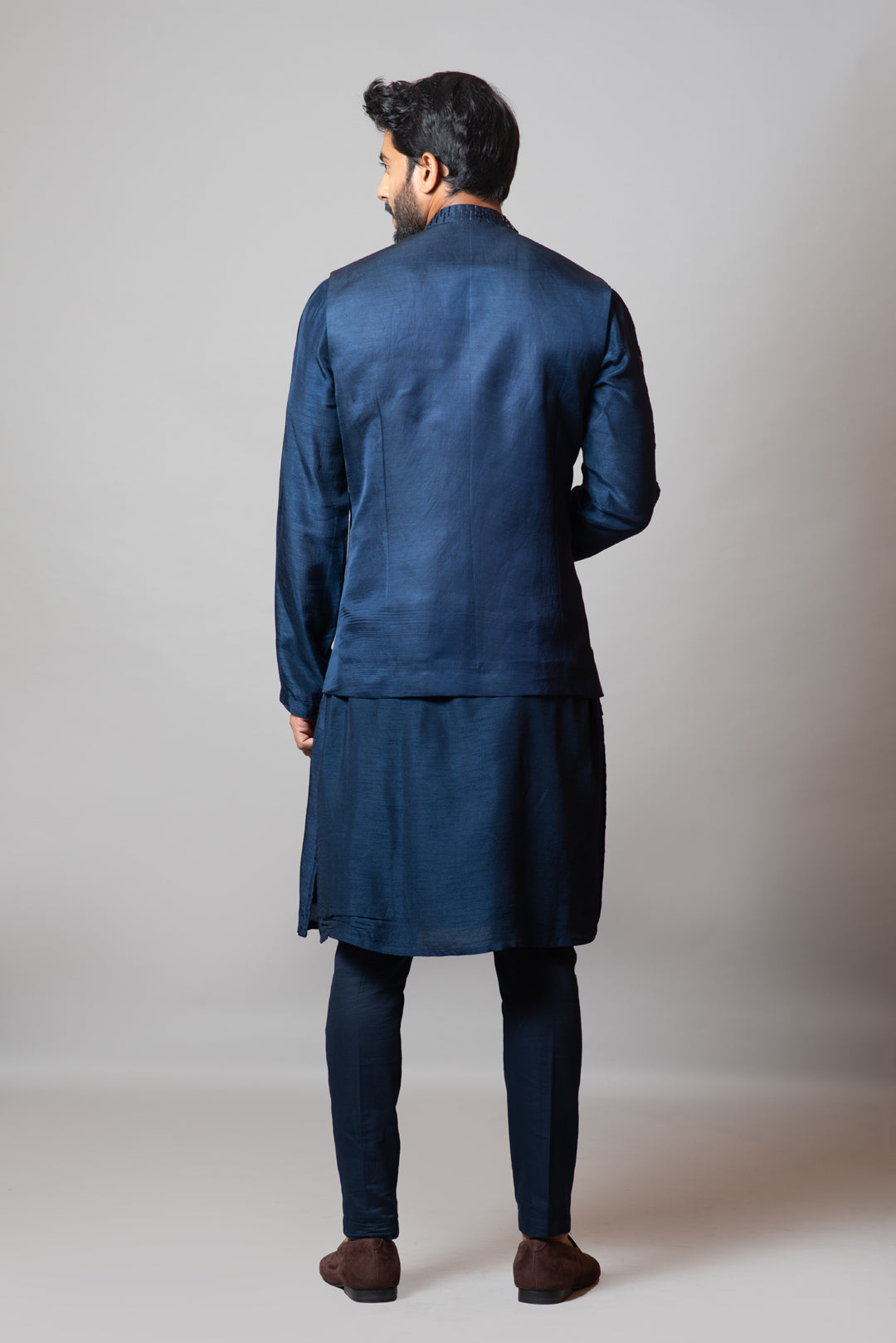 Navy blue pintucks nehru and kurta set with tonal pipe work