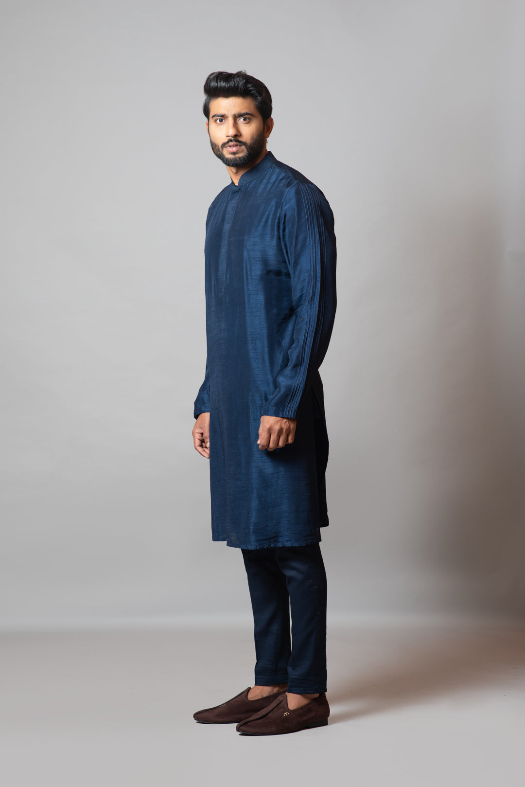 Navy blue embellished pin tucks kurta set