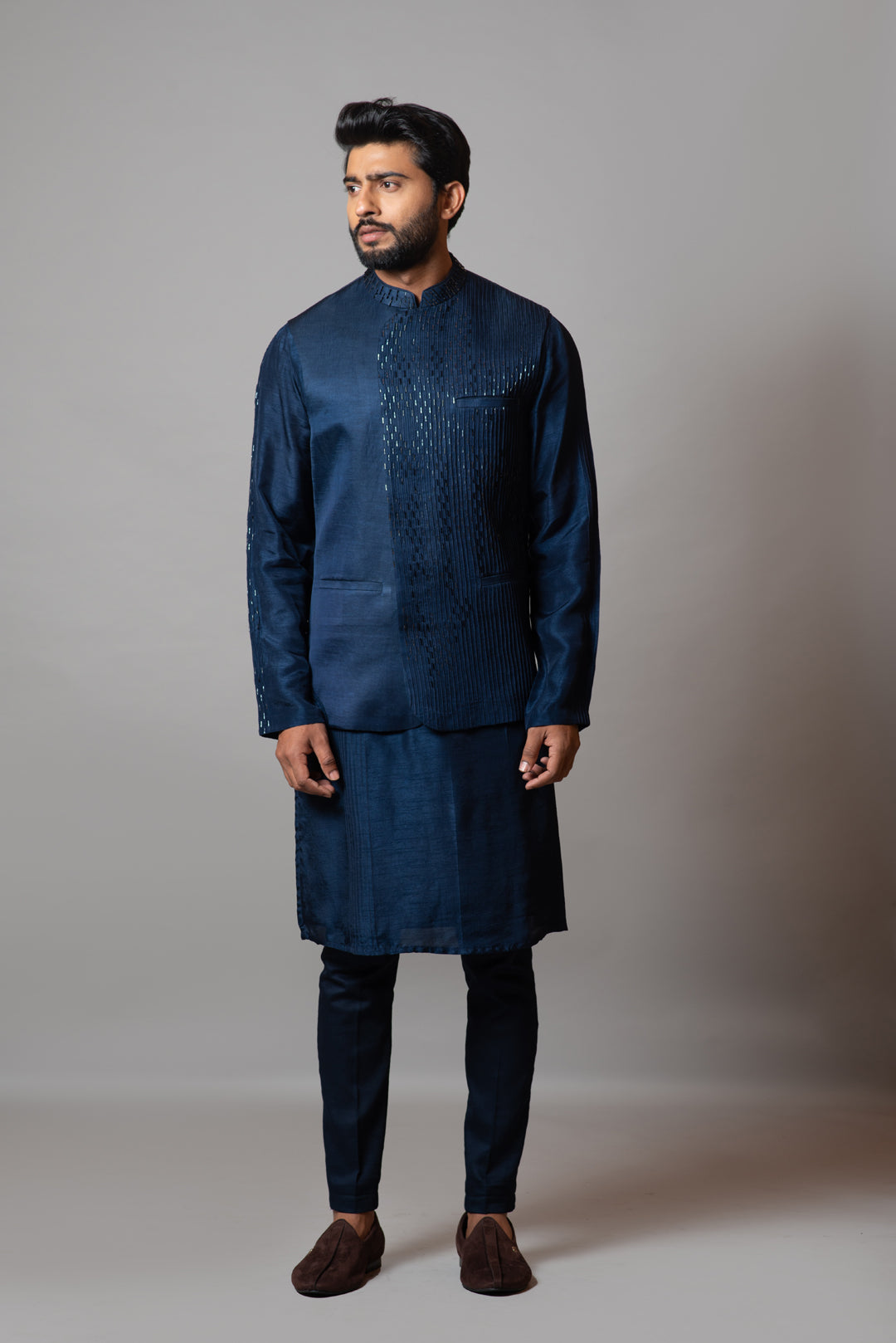 Navy blue embellished pin tucks nehru