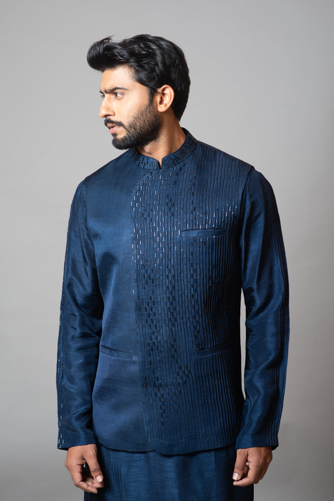 Navy blue embellished pin tucks nehru