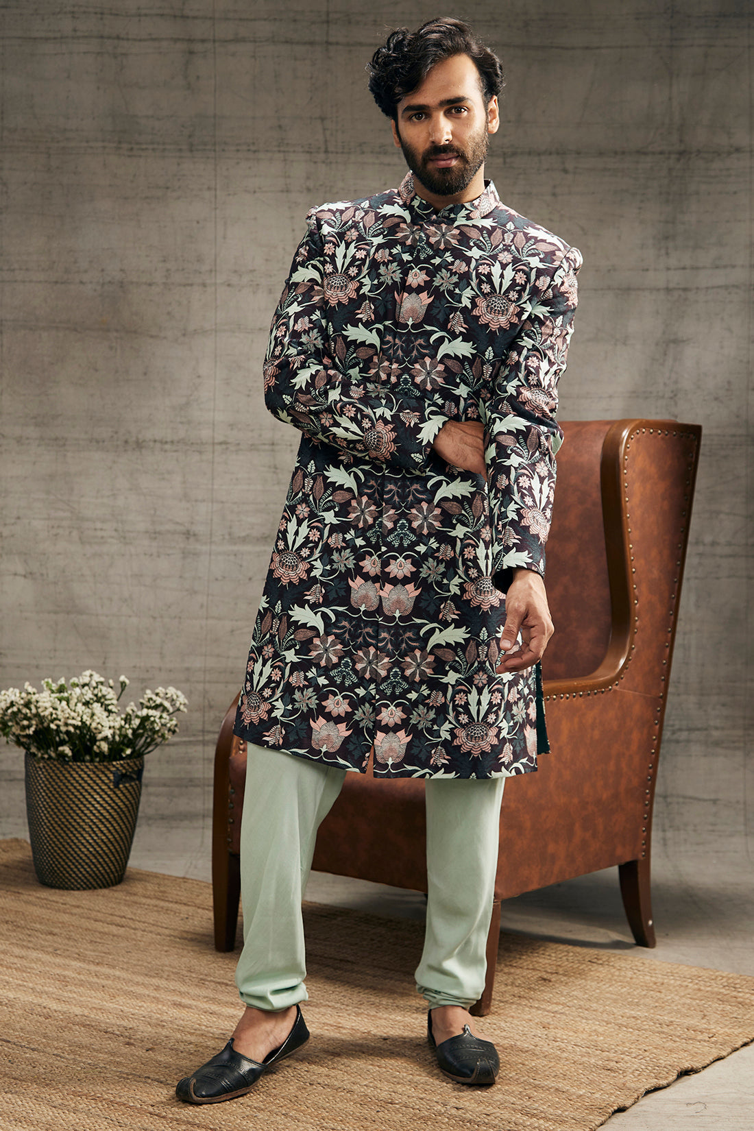 Image of Pastel floral printed sherwani set