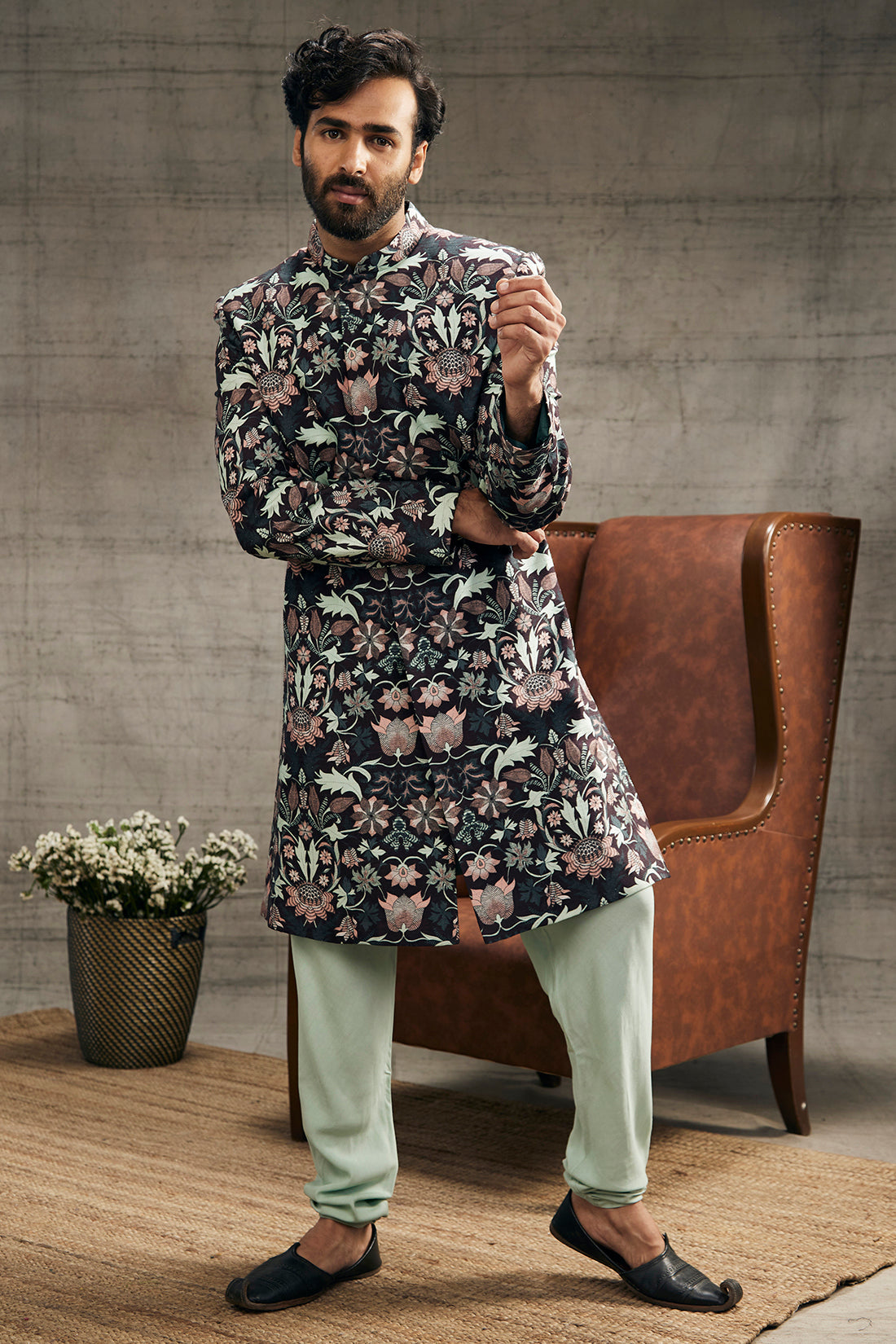 Image of Pastel floral printed sherwani set