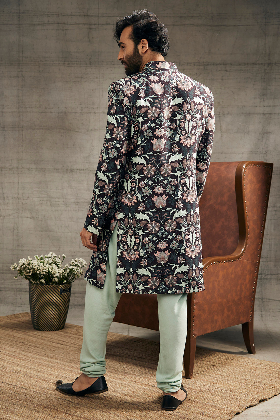 Image of Pastel floral printed sherwani set